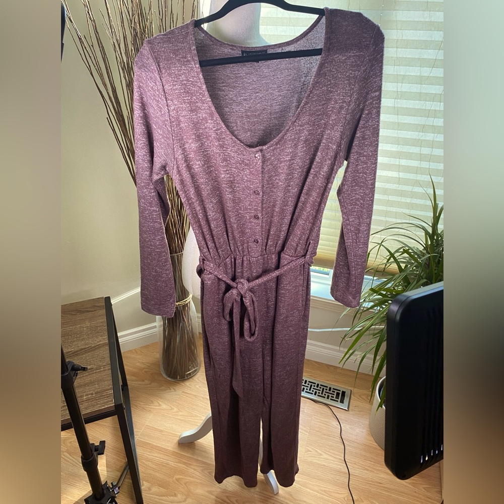 Bobeau Medium Burgandy Brushed Knit Jumpsuit with Tie Waist and Buttons